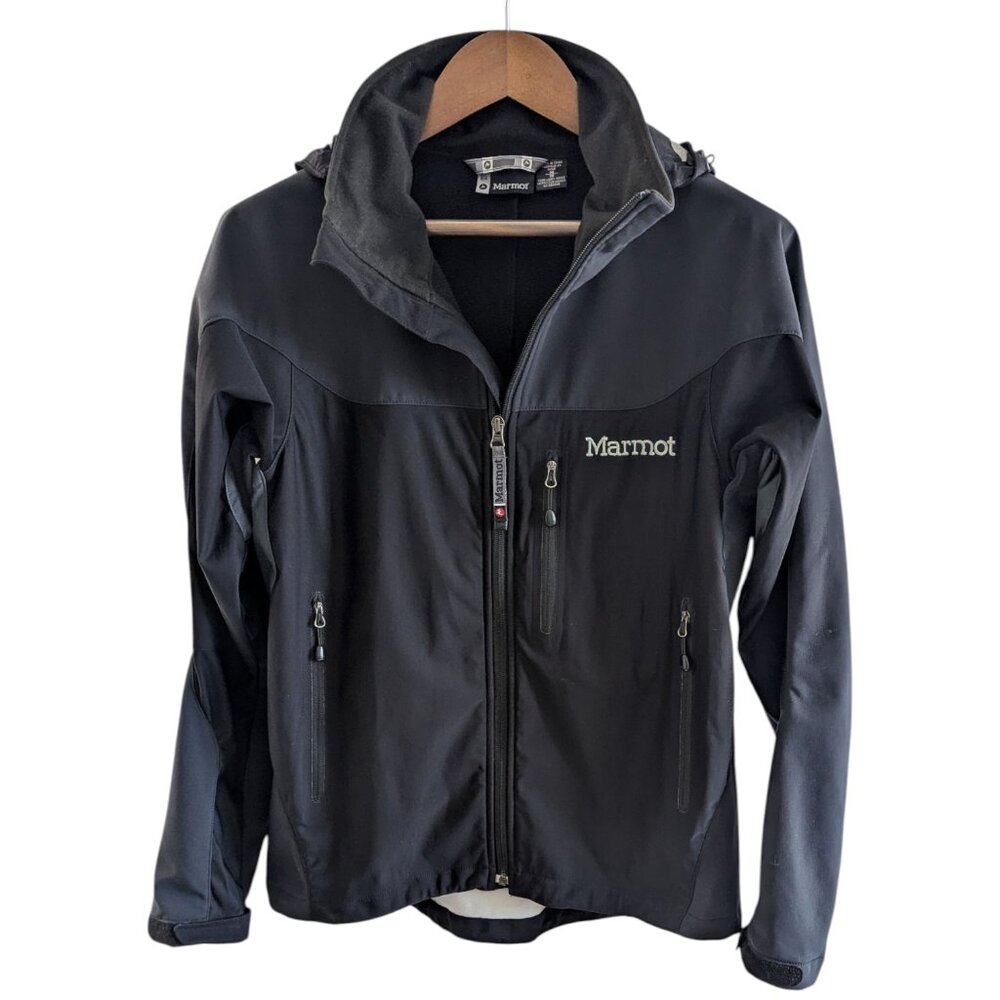 Marmot M Windstopper Fleece Lined Zip Up Hoodie Jacket Black Gray - Picture 2 of 7